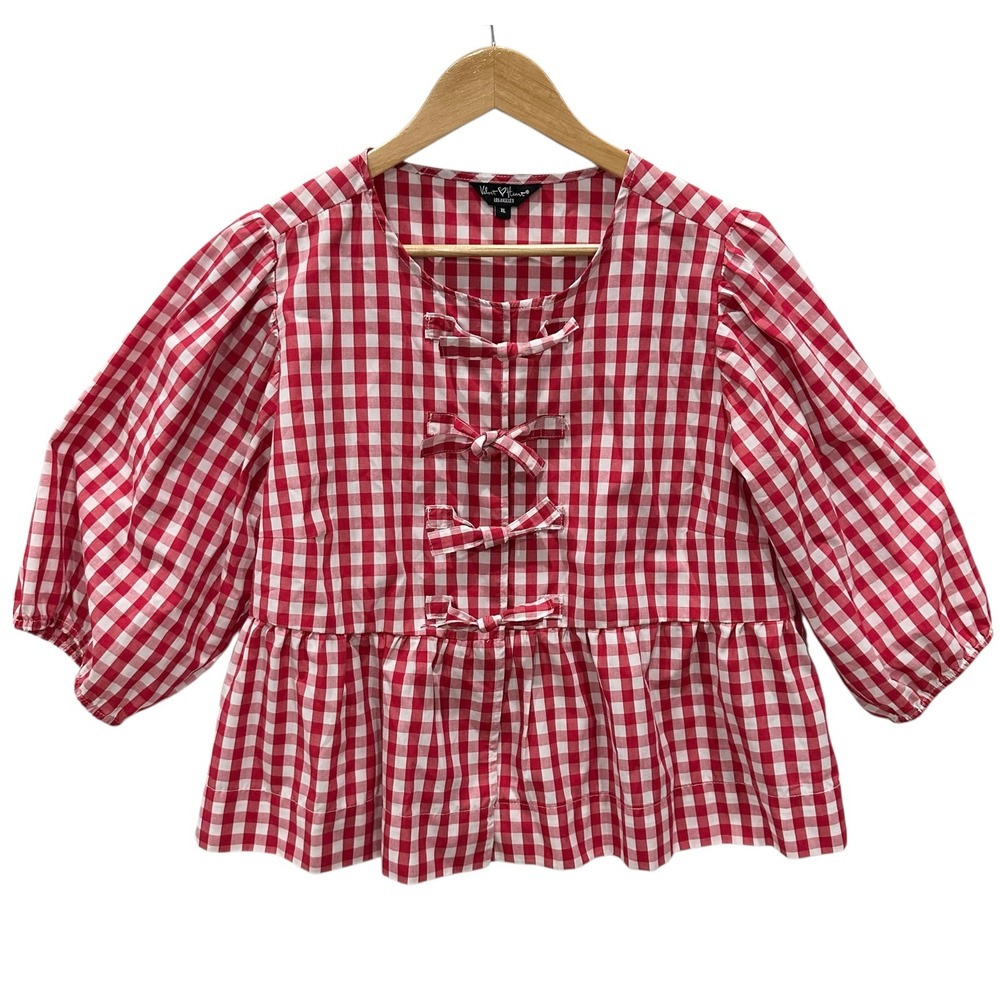 Velvet Heart Red Gingham Peplum Blouse Bow Front Puff Sleeve Cotton Top XL